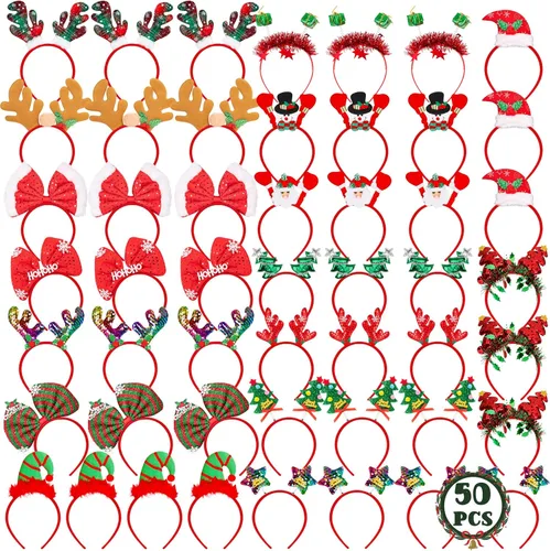 Vista 7 de HOVACY 16 PCS diademas de Navidad, 16 estilos de diademas navideñas rojas, lindas bandas para el cabello con corbata de moño navideña, sombrero