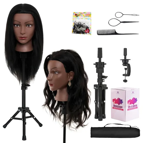 Vista 11 de Cabeza de maniquí de 28 pulgadas con 80% cabello real, cabeza de muñeca de práctica de maniquí de cosmetología, cabeza de trenzado con soporte