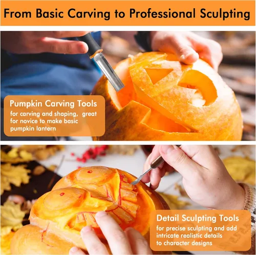 Vista 4 de Shuttle Art Kit de 35 piezas de tallado de calabaza de Halloween, 11 herramientas profesionales de tallado de calabaza de acero inoxidable con 10