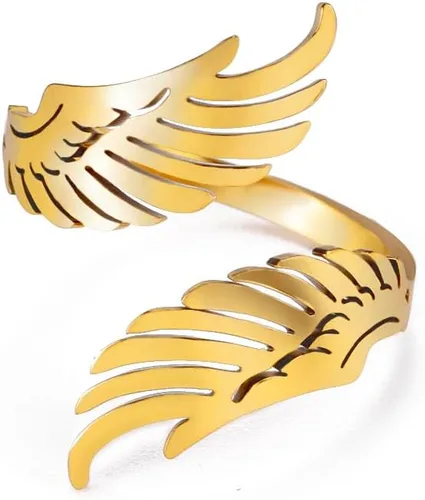 Dreamtimes Open Ring with Flying Angel Wings for Women and Men Adjustable Stainless Steel Ring Hip Hop Punk Ring