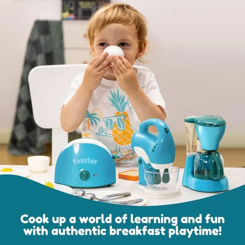 Vista 5 de Joyin Juguetes de Cocina de Juego, Juguete de Accesorios de Cocina de Comida de Juguete para Niñas con Cafetera, Batidora, Tostadora con Luces