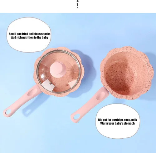 Vista 9 de Alvinlite Sartén antiadherente, mini sartén rosa para leche para bebés, juego de utensilios de cocina multifunción con tapa transparente para cocina