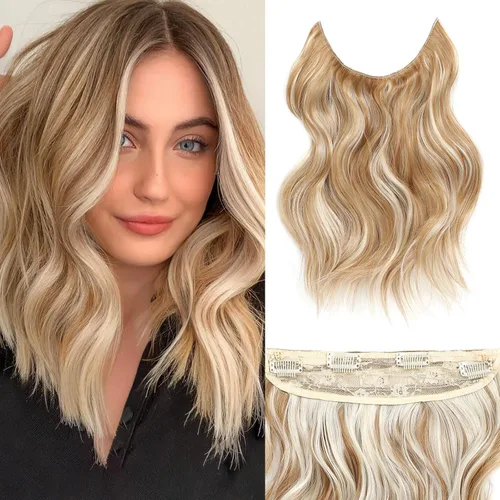 Vista 17 de Extensiones de cabello tipo halo de 20 pulgadas, extensiones de cabello con alambre invisible ajustable, largo, ondulado, sintético, mejorado, 4