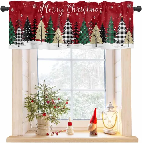 Vista 10 de Cenefa de Navidad para ventanas, cortinas de árbol de Navidad, cenefas con bolsillo para barra, cortinas cortas a cuadros para cocina, sala