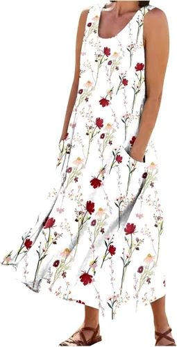 XSSFCC Womens Summer Clothes Boho 2023 Casual Sleeveless Cotton Linen Button Front Summer Dress for Holiday with Pokets