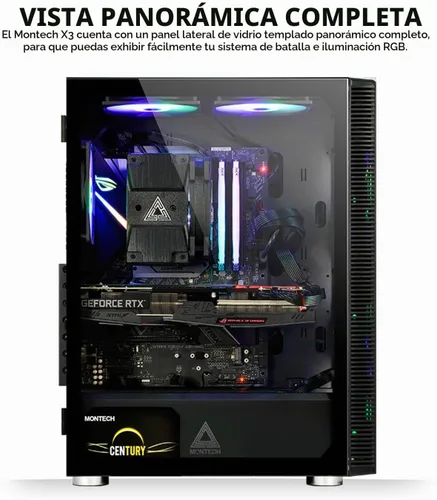 Vista 4 de MONTECH XR-B, chasis para PC de torre media ATX Gaming, ventiladores ARGB PWM de 3x120mm preinstalados, panel de vidrio templado de doble vista