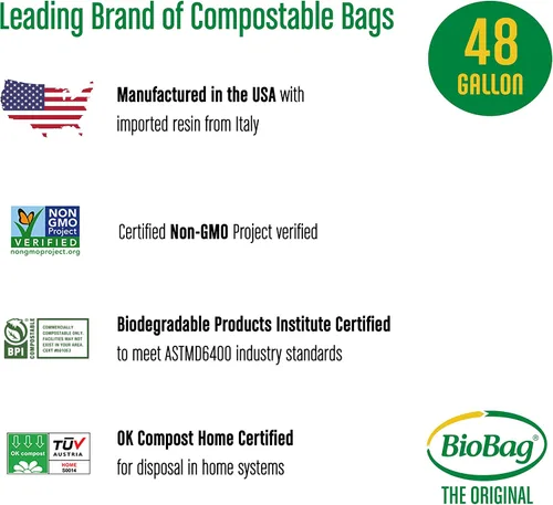 Vista 3 de BioBag (USA) La bolsa compostable original, 48 galones, 80 unidades, 100% bolsas de basura compostables certificadas para desechos de alimentos