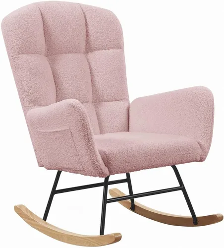 Vista 5 de Mecedora para guardería, silla deslizadora tapizada con respaldo alto para sala de estar, dormitorio, oficinas (peluche rosa)