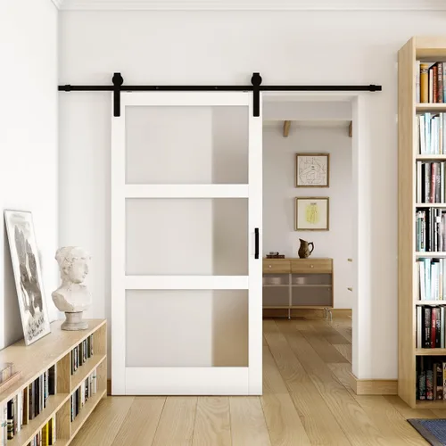 Vista 13 de Puertas correderas de granero de 30 x 84 pulgadas, 3 paneles, puerta interior de vidrio esmerilado templado para habitación con kit de herramientas