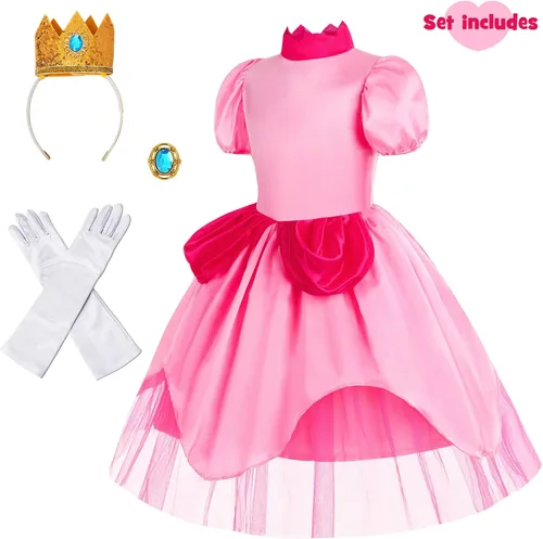 Vista 3 de Oskiner Disfraz de princesa melocotón para niñas, vestido de princesa melocotón para niños, cosplay, fiesta de Halloween