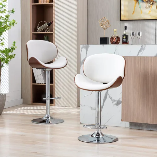 Vista 13 de ONME Juego de 4 taburetes de bar giratorios de altura ajustable de madera curvada, silla de bar tapizada de piel sintética con respaldo y reposapiés
