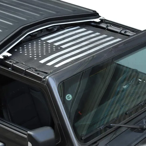 Vista 3 de Parasol de malla con bandera estadounidense, protección UV para Jeep Wrangler JL JLU 2018-2024 y Jeep Gladiator JT 2020-2024