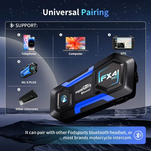 Vista 8 de Fodsports FX4 Pro 4-Rider - Intercomunicador Bluetooth para motocicleta, sistema de comunicación de casco de 3,937.0 ft, auriculares impermeables