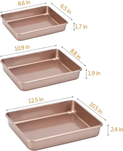 Vista 2 de Molde antiadherente para hornear, juego de moldes grandes para tartas para horno, sartén para brownie de 3 piezas (dorado)