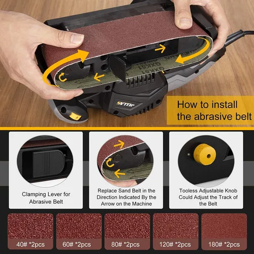 Vista 4 de Jellas Lijadora de Banda de 7 Amperios de 3 × 21 Pulgadas con Bolsa para Polvo, Lijadora de Banco con Control de Velocidad Variable, Adaptador