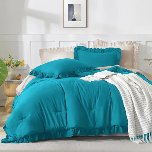 Vista 121 de Andency - Edredón beige con volantes tamaño individual, de 2 piezas, estilo rústico shabby clásico para niños, ligero y suave de microfibra