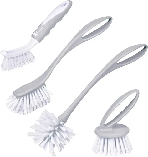Juego de cepillos para platos y botellas, 4 cepillos de limpieza de cocina, gris, asas de plástico, cerdas medianas (nailon o poliéster)