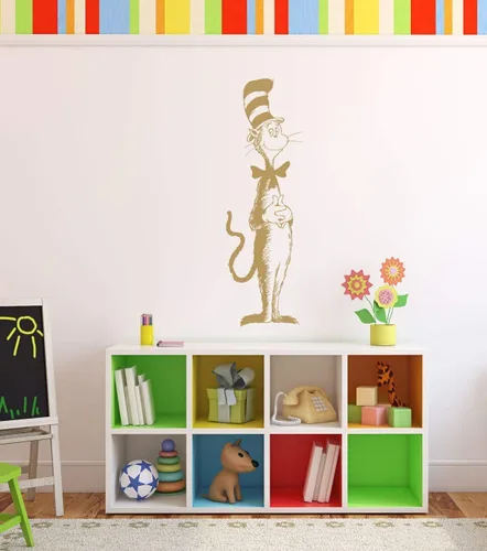 Vista 4 de Calcomanía de pared de vinilo con silueta de gato en el sombrero. Decoración temática del hogar para dormitorio de los niños, sala