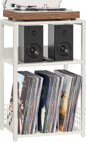 Vista 16 de LELELINKY Mesa auxiliar negra, mesa auxiliar pequeña con marco de metal, soporte moderno para tocadiscos con estante de almacenamiento, mesas