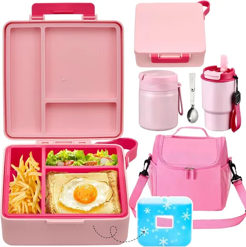 Vista 13 de Set de lonchera Pawtong con contenedor bento, termo de sopa de acero inoxidable de 17OZ, botella de agua para niños y bolsa de almuerzo aislada