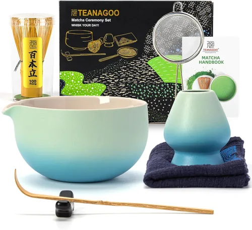 Vista 16 de TEANAGOO Juego de batidor de matcha, juego de 7 piezas de matcha azul y verde, kit de ceremonia, juego de té matcha para hacer café con leche