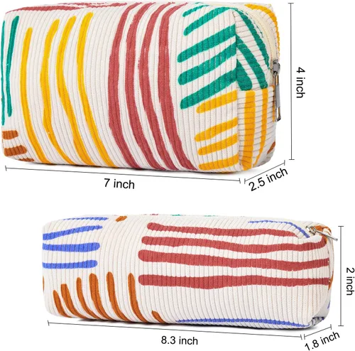 Vista 3 de SOIDRAM Bolsa de cosméticos de pana, bolsa de maquillaje de gran capacidad con patrón de rayas y almacenamiento de brochas de maquillaje