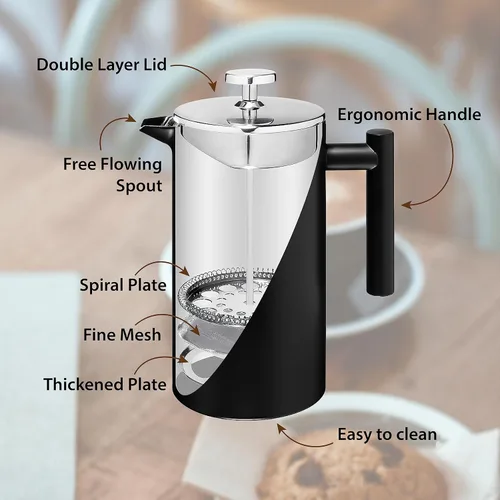 Vista 2 de Redwood - Prensa francesa grande, cafetera de 8 tazas, construcción de doble pared, filtro de acero inoxidable de 3 capas, retención térmica óptima