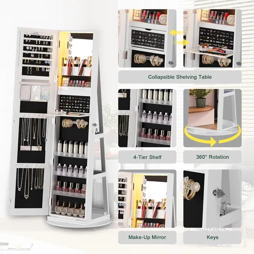 Vista 3 de HNEBC Armario giratorio de 360 con luces, armario de joyería de pie de 63 pulgadas de alto con espejo giratorio de longitud completa