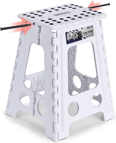 Vista 25 de Delxo Taburete plegable de 17.5 pulgadas, taburete plegable para adultos con bloqueo de seguridad, taburete plegable portátil de plástico, taburetes