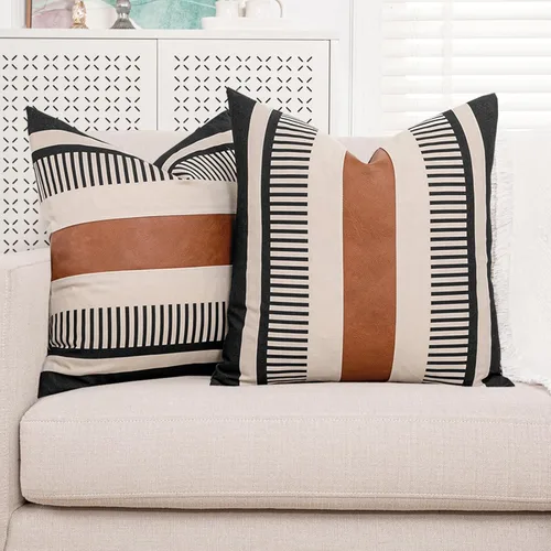 Vista 24 de Fundas de almohada lumbar a rayas bohemias de 12 x 20 pulgadas, funda de almohada de cuero moderna para sofá, decoración del hogar rural, color Negro