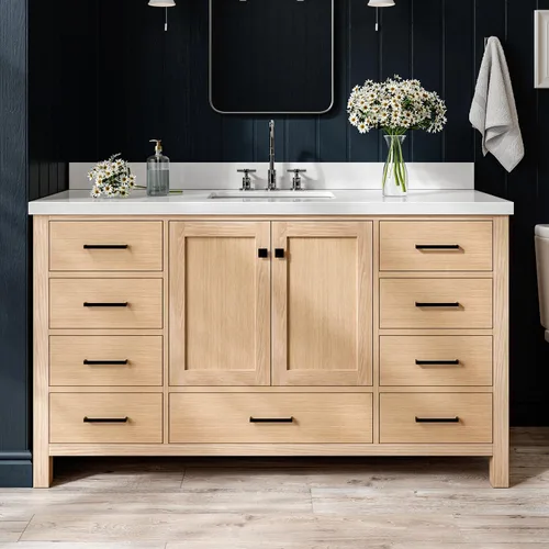 Vista 19 de ARIEL Cambridge - Mueble de baño con lavabo de 42 pulgadas, madera maciza, encimera de cuarzo blanco puro de 1.5 pulgadas, fregadero rectangular