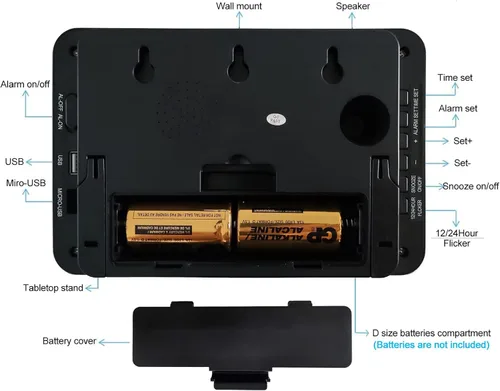 Vista 2 de Reloj de pared digital que funciona con pilas, reloj despertador LED grande de 3 pulgadas, pantalla de bajo brillo, 2 pilas tipo D duran alrededor