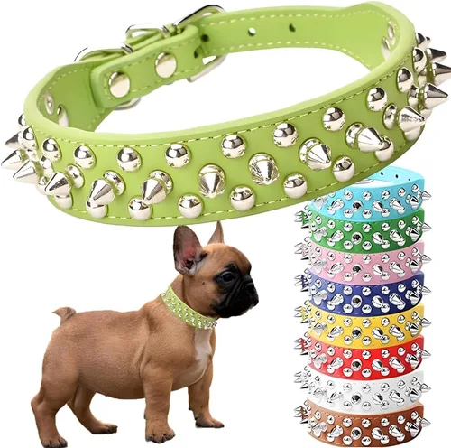 Vista 11 de Collar de perro con púas para perros pequeños, a prueba de masticación, collar de púas para perros y gatos, de piel sintética, con remaches