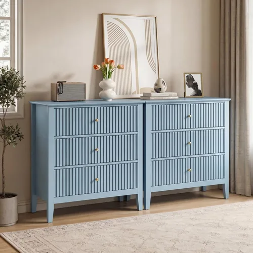 Vista 14 de RoyalCraft Cómoda de 6 cajones con espejo iluminado, cómoda de madera moderna acanalada beige, cómoda larga para almacenamiento en el dormitorio