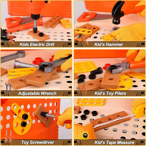 Vista 6 de Juego de Mesa de Herramientas para Niños, MAGIC4U 95 Piezas Mesa de Trabajo de Herramientas para Niños Pequeños con Taladro Electrónico, 13 Equipos