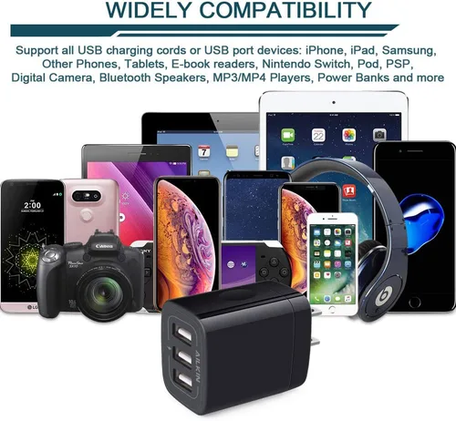 Vista 6 de Cargador de pared USB, adaptador de cargador, Ailkin de 2.4 amperios de doble puerto plegable cargador rápido cubo de repuesto para iPhone