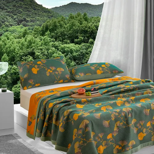 Vista 6 de Colcha Reversible de Ginkgo, Colcha Ligera de Muselina de Algodón, Cobertor Suave y Transpirable para Todas las Estaciones, Ropa de Cama