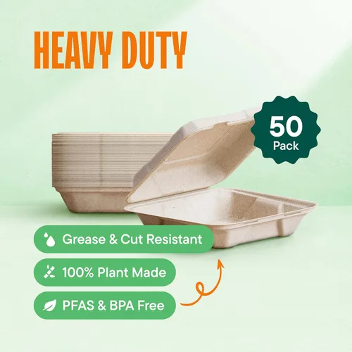Vista 2 de Recipientes de alimentos 100% compostables para llevar [8 x 8 pulgadas paquete de 50 unidades] Contenedores de calidad resistente, bagazo desechable