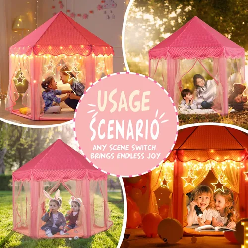 Vista 5 de Tienda de princesa para niñas con grandes luces de estrella, tienda de juegos en forma de castillo para niños, regalo de cumpleaños para niñas