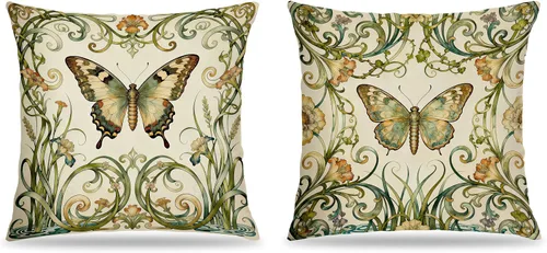 Vista 26 de Juego de 2 fundas de almohada de 18 x 18 pulgadas inspiradas en William Morris, estilo Art Deco, fundas decorativas de almohada con diseño de búho