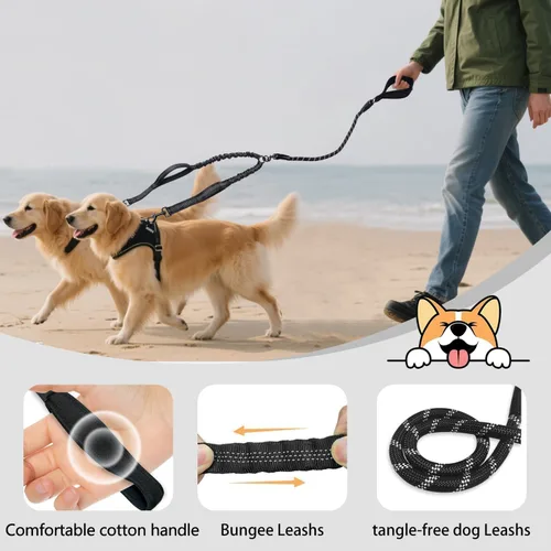 Vista 2 de Correa doble para perro sin enredos, correa elástica para dos perros, correas reflectantes con dos asas de tráfico adicionales para caminar 2 perros