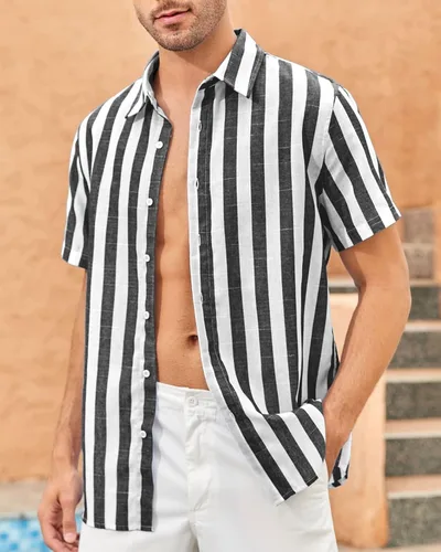 Vista 2 de Camisas de lino de algodón a rayas para hombre, camisas de manga corta con botones, camisa casual de verano para la playa