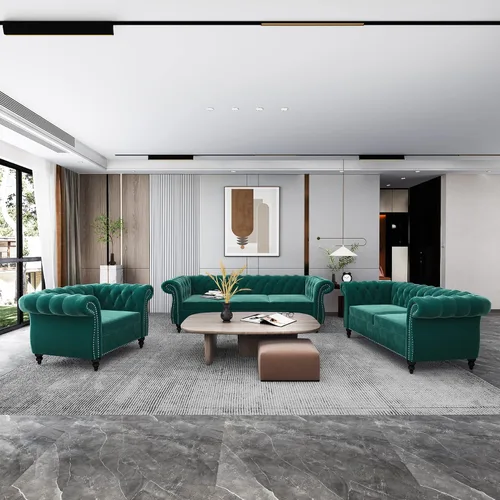 Vista 79 de RARZOE Juego de 3 piezas de muebles de sala de estar, sofá Chesterfield de terciopelo moderno, silla de club Chesterfield y sofá de dos plazas Mango