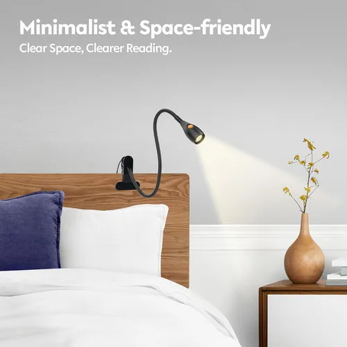 Vista 2 de acegoo Luz de lectura minimalista para cabecera de cama, luz de libro regulable con clip con adaptador USB-C, cuello flexible y práctico interruptor