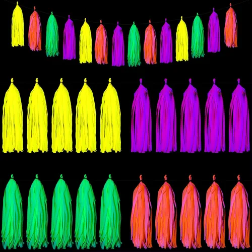 Vista 6 de Outus Suministros de fiesta de neón que incluyen pancarta Let's Glow, 20 borlas de papel neón y bandera triangular de neón que brilla