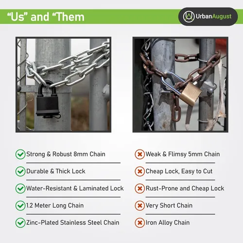 Vista 6 de Urban August Security Chain Hardened 8mm Thick with a Weather-Resistant Pad Lock - Stainless Steel Heavy Duty Chain Lock for Gate Bike Generator