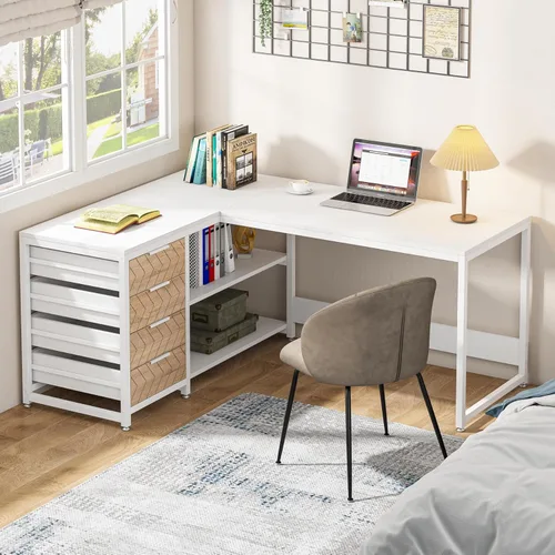 Vista 28 de Tribesigns Escritorio para computadora en forma de L con cajones de almacenamiento, escritorio esquinero de 59 pulgadas con estantes, escritorio