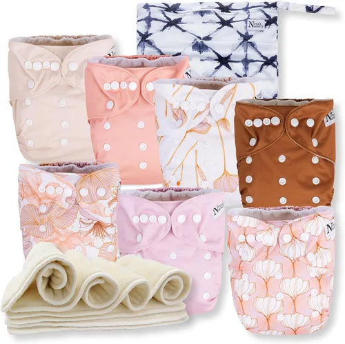 Vista 18 de Nora's Nursery Pañales de tela, paquete de 7 con 7 insertos y 1 bolsa húmeda, funda impermeable, lavable, reutilizable y pañales de bolsillo