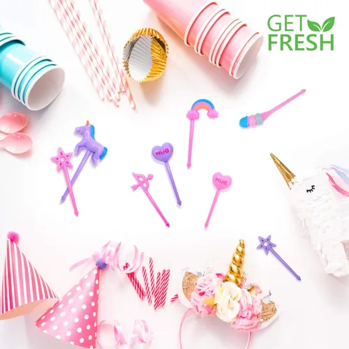 Vista 4 de GET FRESH Juego de 24 palillos de comida Bento de unicornio para niños, lindos palillos de dientes decorativos de plástico para niños pequeños