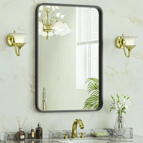 Vista 8 de SUPER DEAL Espejo de pared negro de 22 x 30 pulgadas para baño, rectangular montado en la pared, espejos de tocador con marco de metal de acero